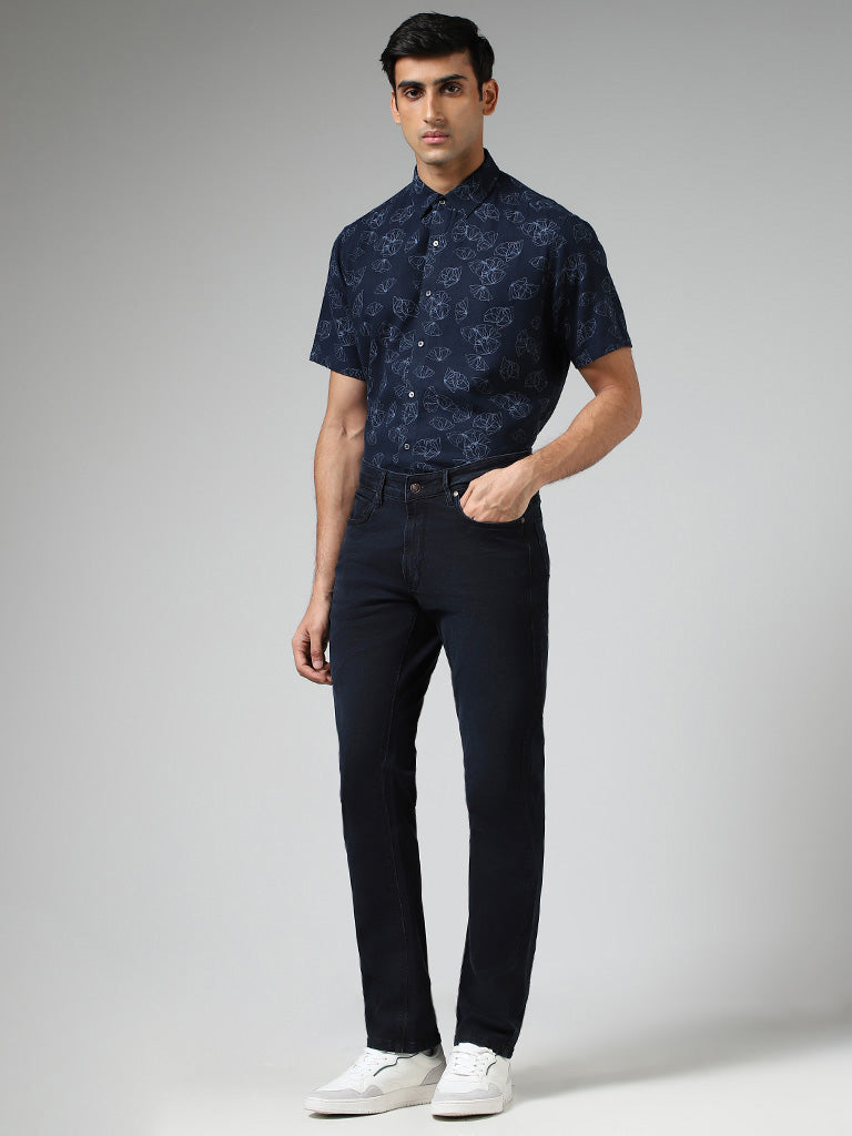 Ascot Navy Printed Slim-Fit Blended Linen Shirt