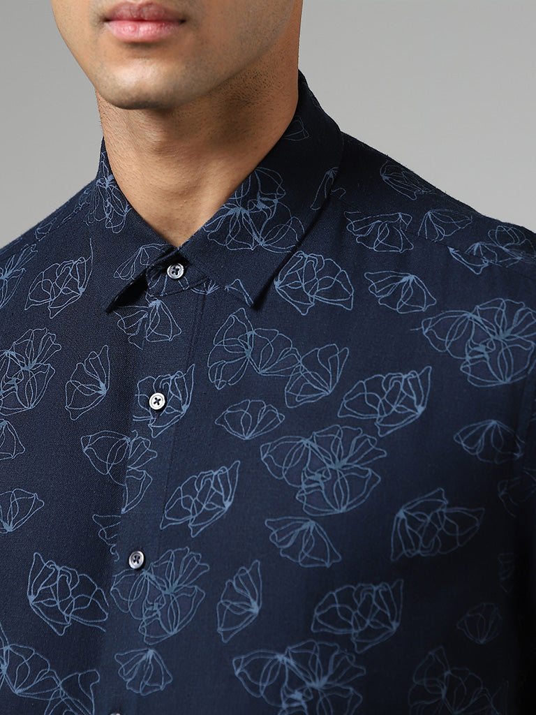 Ascot Navy Printed Slim-Fit Blended Linen Shirt