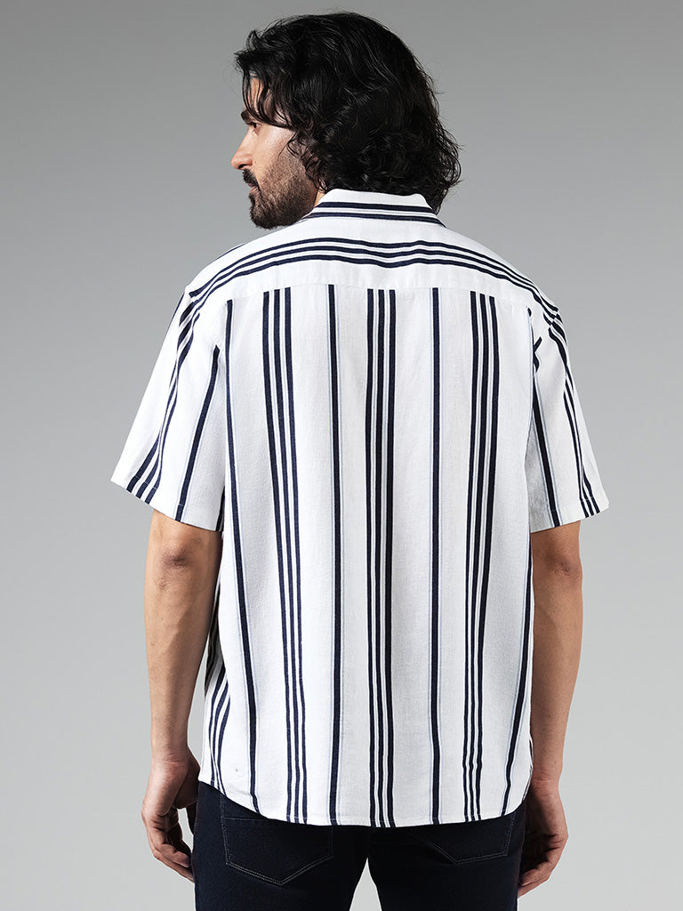 Ascot White Striped Relaxed-Fit Blended Linen Shirt