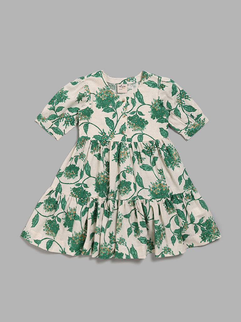 Utsa Kids Off White & Green Floral Printed Tiered Dress (2 - 8yrs)