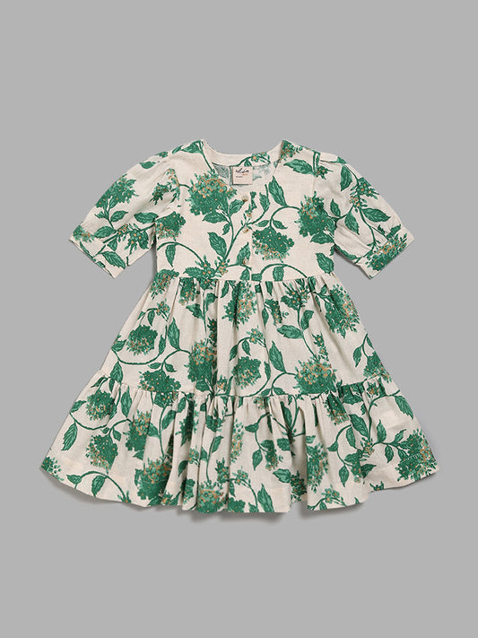 Utsa Kids Off White & Green Floral Printed Tiered Dress (2 - 8yrs)