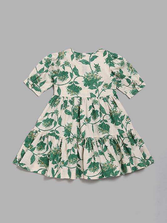 Utsa Kids Off White & Green Floral Printed Tiered Dress (2 - 8yrs)