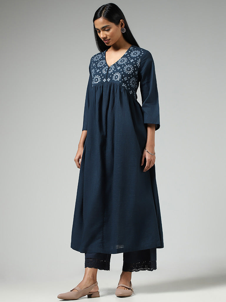 Utsa Indigo Mirror Embroidered Cotton Gathered Kurta