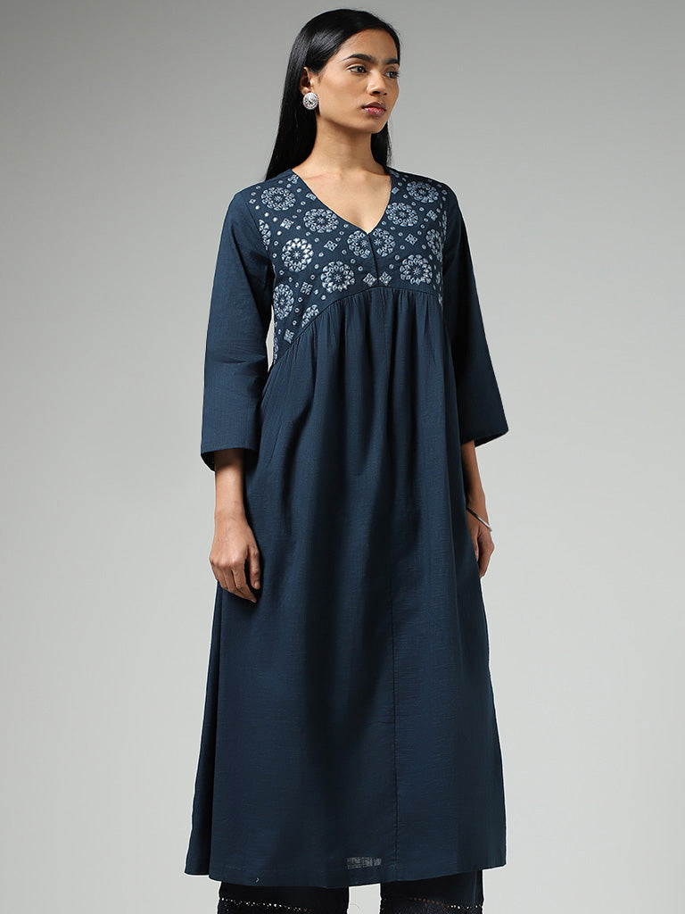 Utsa Indigo Mirror Embroidered Cotton Gathered Kurta