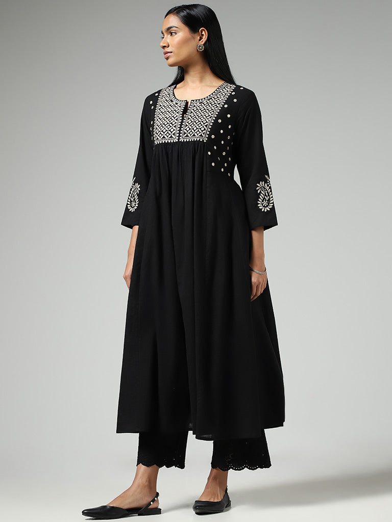 Utsa Black Mirror Embroidered Gathered Kurta