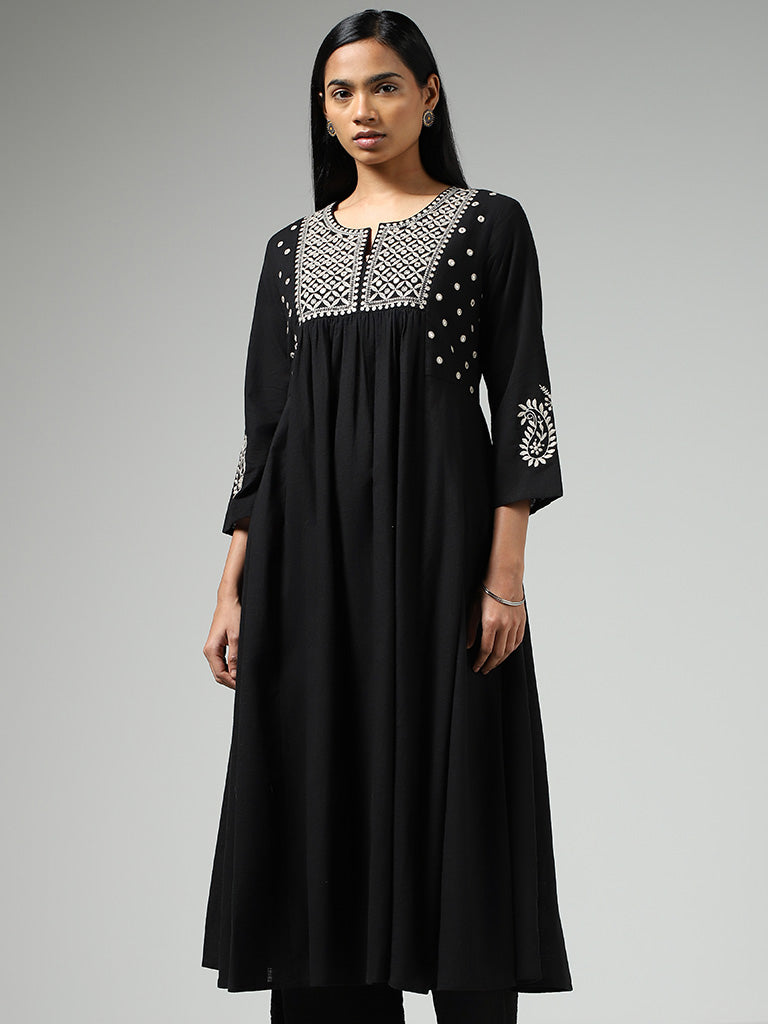 Utsa Black Mirror Embroidered Gathered Kurta