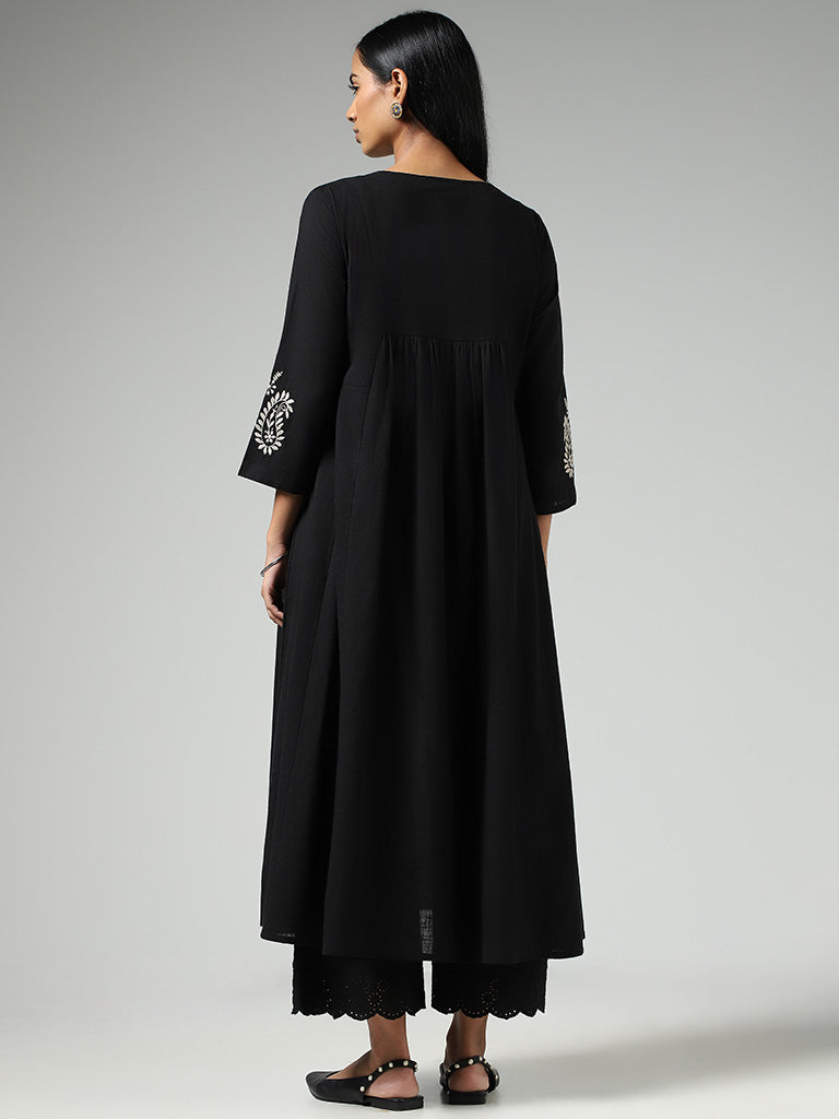 Utsa Black Mirror Embroidered Gathered Kurta