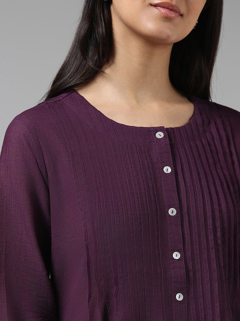 Utsa Dark Purple Pintucked Gathered Kurta