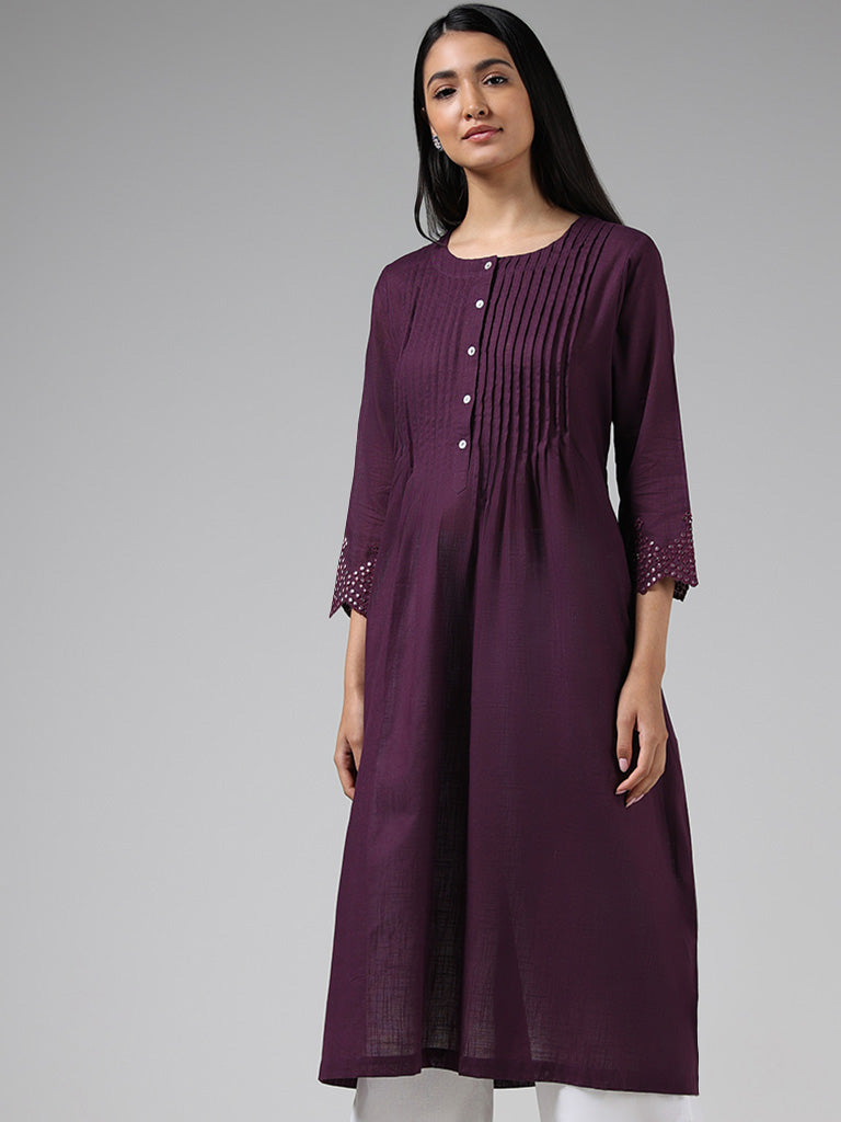 Utsa Dark Purple Pintucked Gathered Kurta