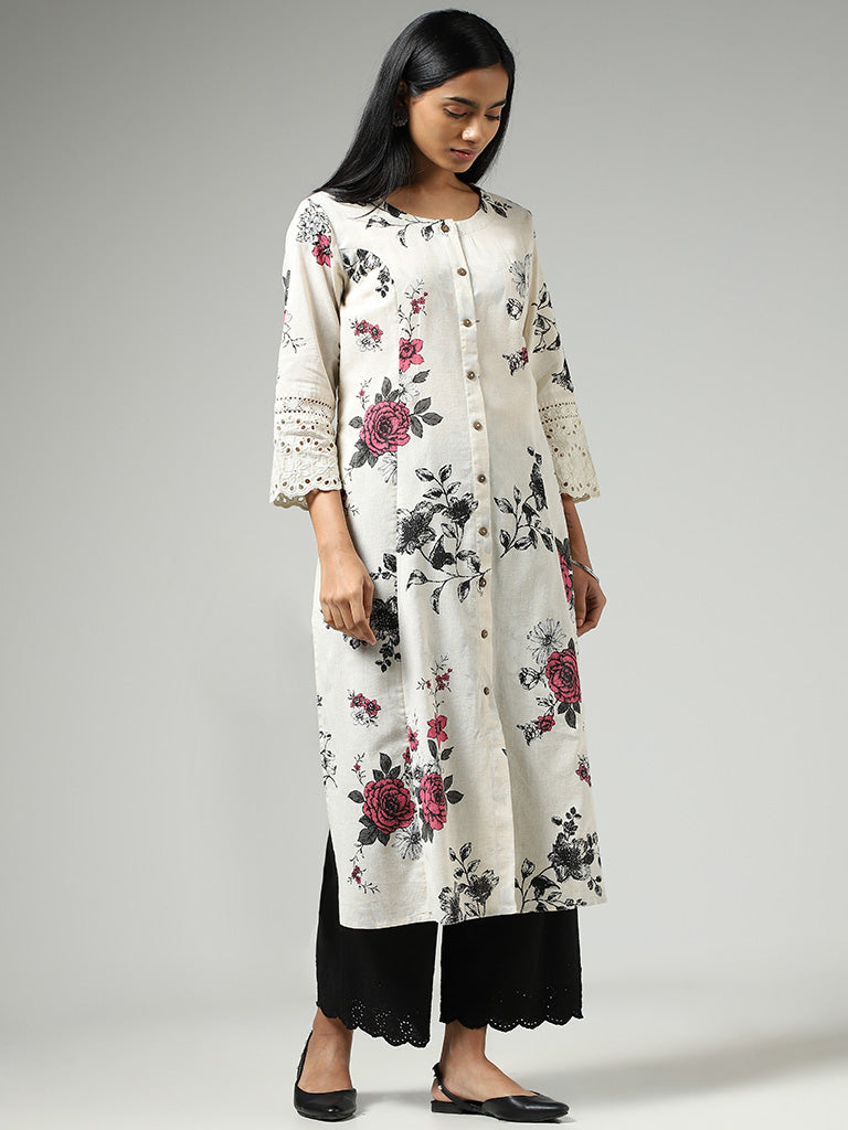 Utsa Off White Floral Printed Buttoned Down Kurta