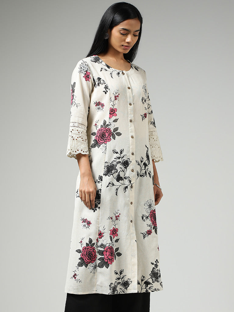 Utsa Off White Floral Printed Buttoned Down Kurta