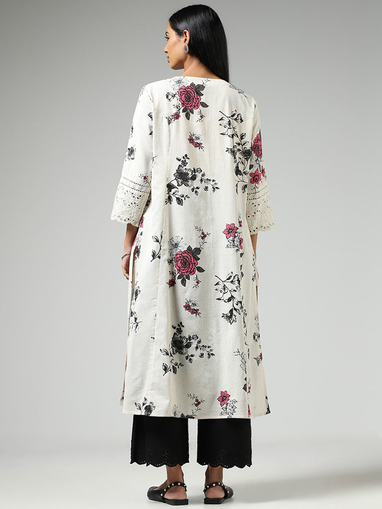 Utsa Off White Floral Printed Buttoned Down Kurta