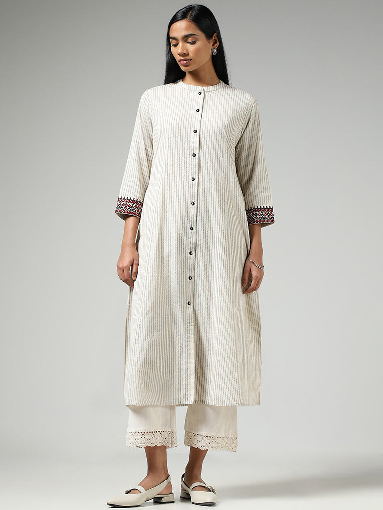 Utsa Off White Striped Buttoned Down Kurta