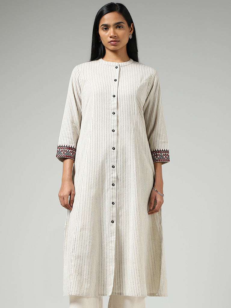 Utsa Off White Striped Buttoned Down Kurta