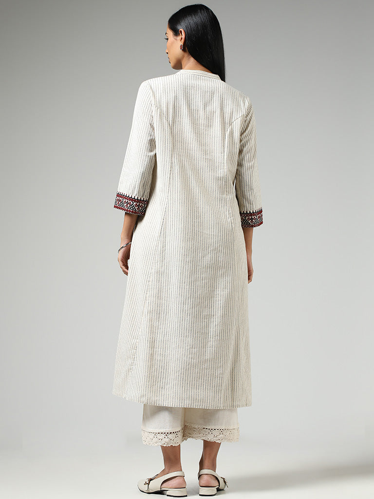 Utsa Off White Striped Buttoned Down Kurta