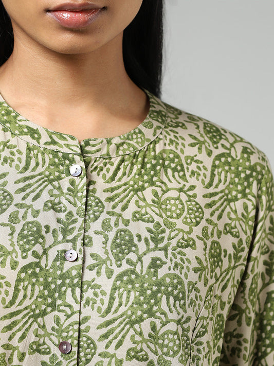 Utsa Olive Nature Printed Buttoned Down Kurti