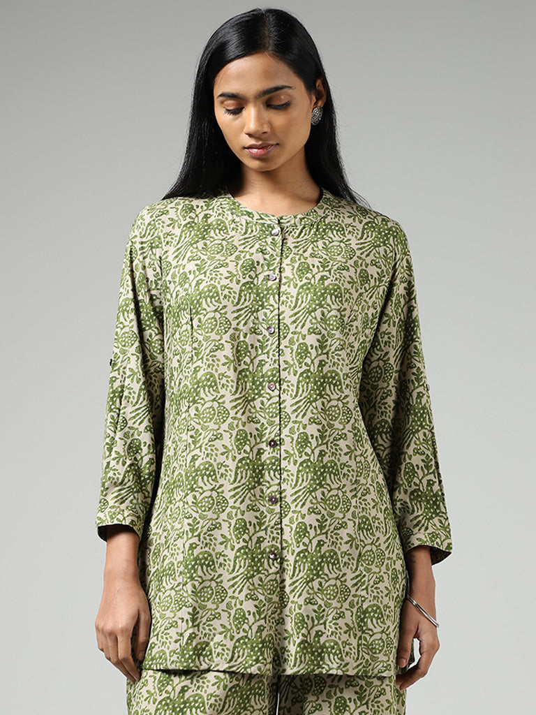 Utsa Olive Nature Printed Buttoned Down Kurti