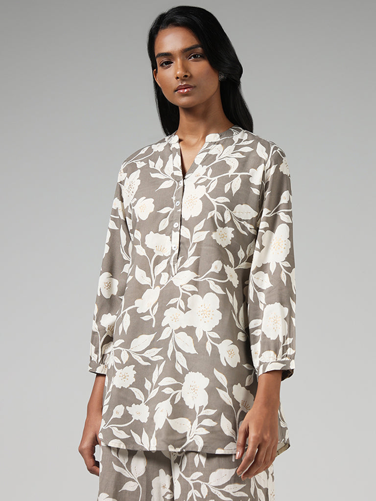 Utsa Grey Floral Printed Kurti