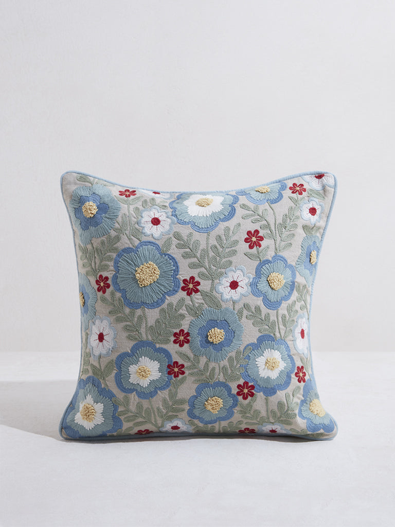 Westside Home Aqua Floral Embroidered Cushion Cover