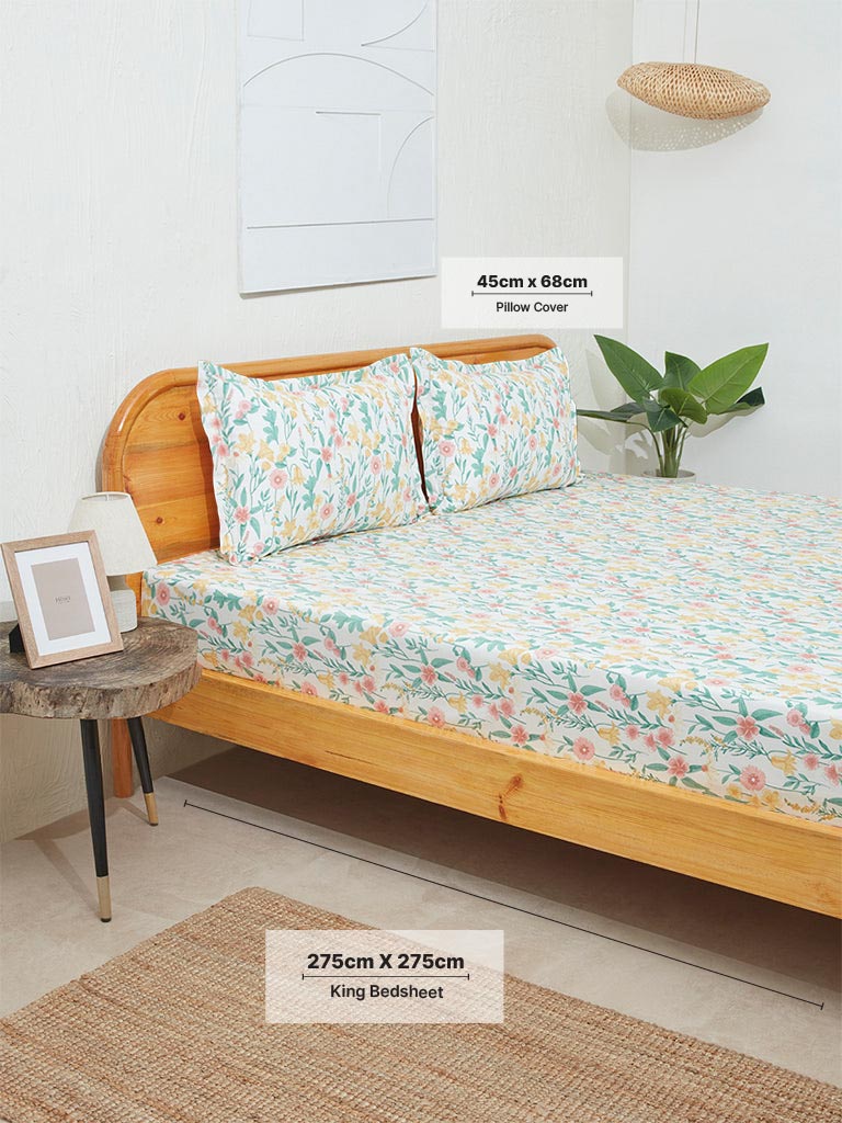 Westside Home Multicolor Floral Print King Bed Flat Sheet and Pillowcase Set