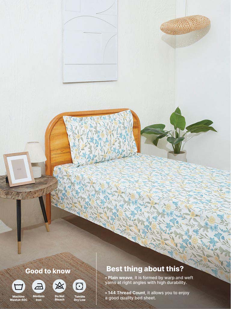 Westside Home Aqua Floral Print Single Bed Flat Sheet and Pillowcase Set