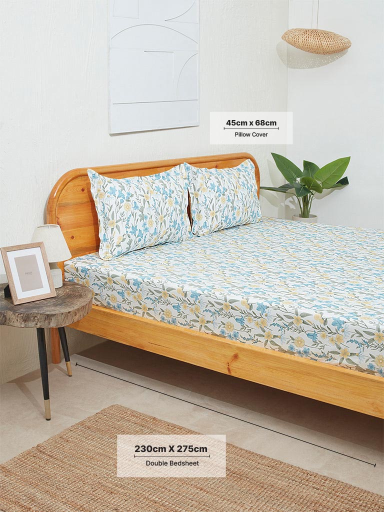 Westside Home Aqua Floral Print Double Bed Flat Sheet and Pillowcase Set