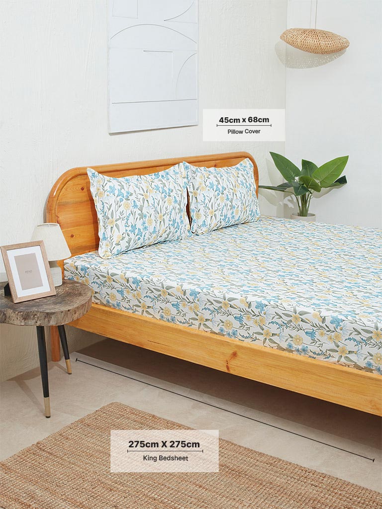 Westside Home Aqua Floral Print King Bed Flat Sheet and Pillowcase Set