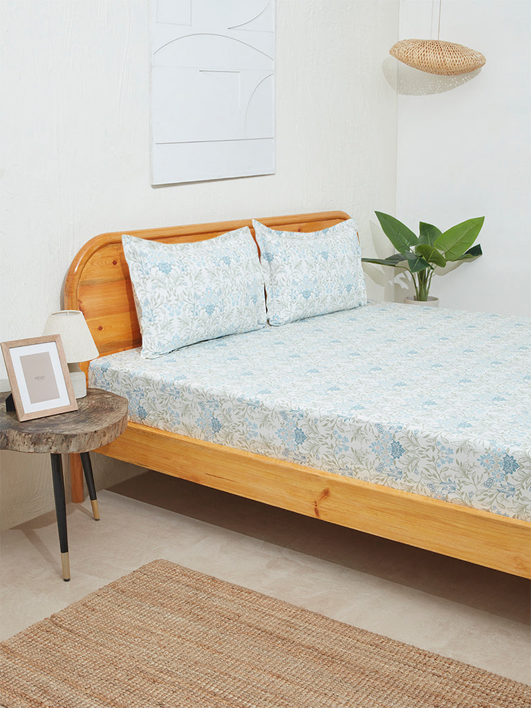 Westside Home Aqua Meadow Print Double Bed Flat Sheet and Pillowcase Set