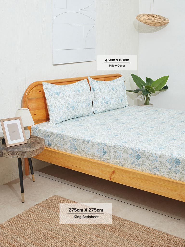 Westside Home Aqua Meadow Print King Bed Flat Sheet and Pillowcase Set