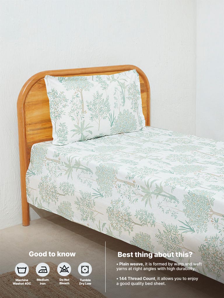 Westside Home Light Green Toile Design Single Bed Flat Sheet and Pillowcase Set