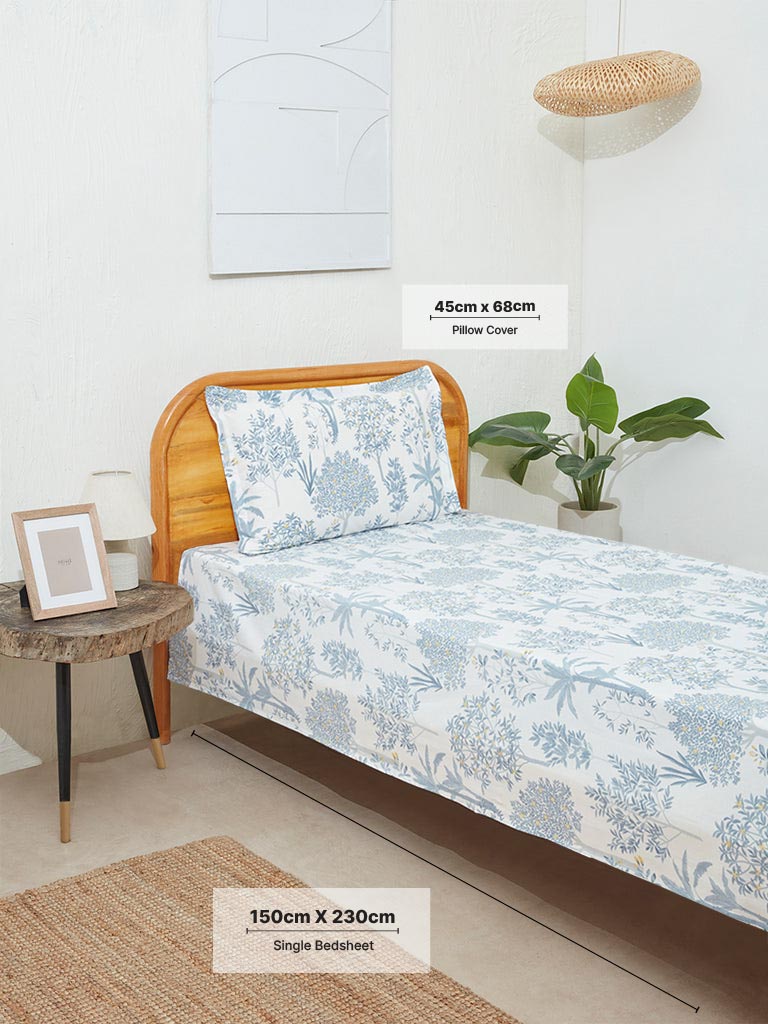 Westside Home Dusty Blue Toile Design Single Bed Flat Sheet and Pillowcase Set