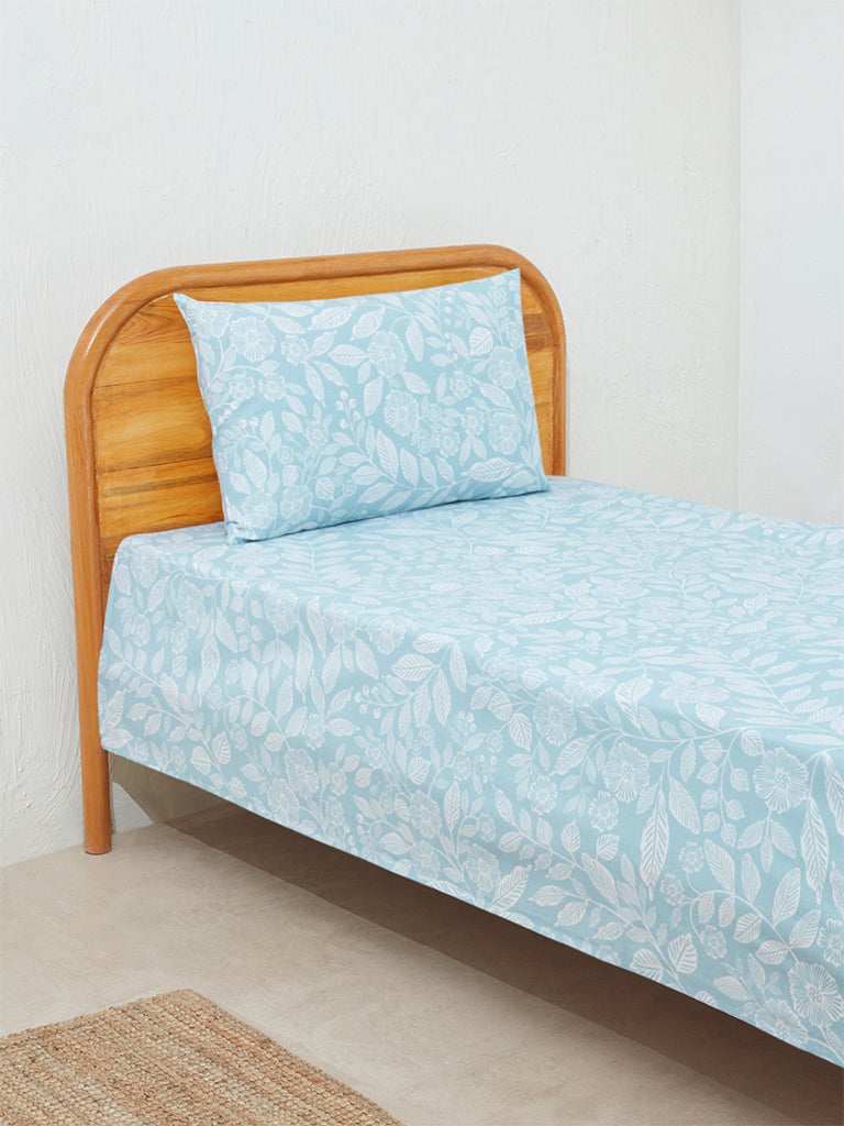 Westside Home Aqua Leaf Design Single Bed Flat Sheet and Pillowcase Set