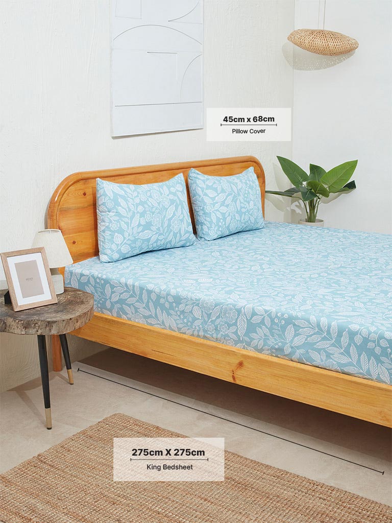 Westside Home Aqua Leaf Design King Bed Flat Sheet and Pillowcase Set