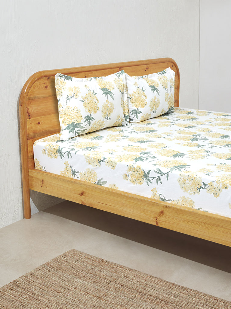 Westside Home Yellow Floral Design Double Bed Flat Sheet and Pillowcase Set