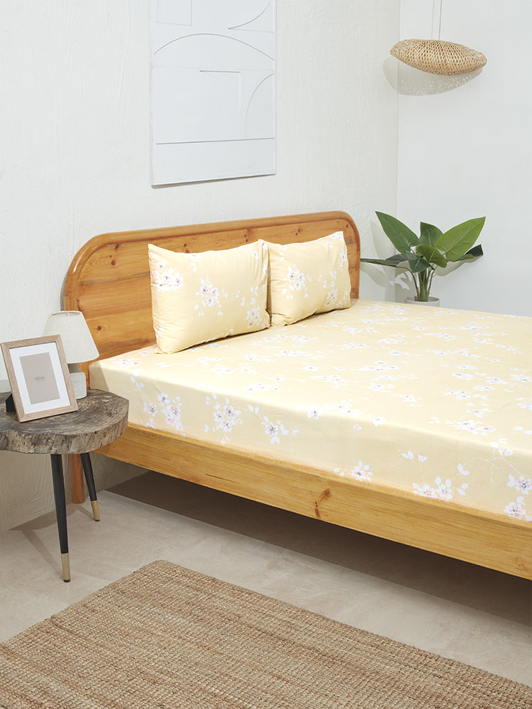 Westside Home Yellow Cherry Blossom Double Bed Flat Sheet and Pillowcase Set