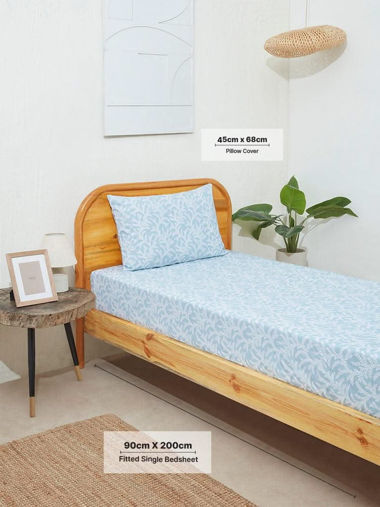 Westside Home Blue Fern Single Bed Fitted Sheet and Pillowcase Set