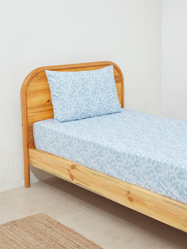 Westside Home Blue Fern Single Bed Fitted Sheet and Pillowcase Set