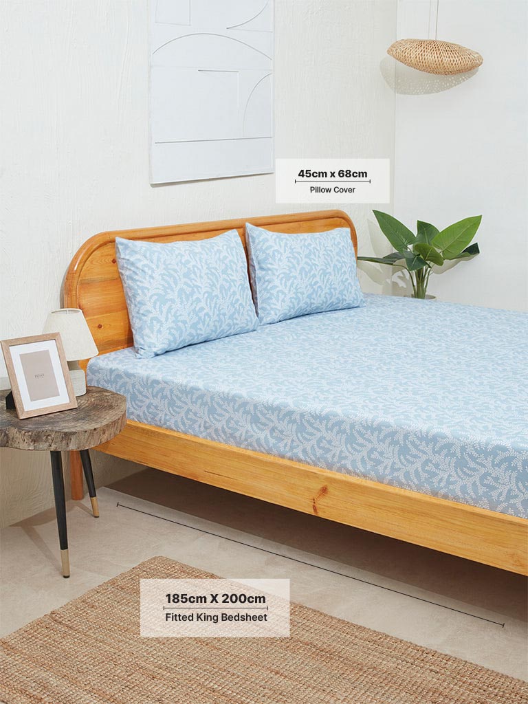 Westside Home Blue Fern King Bed Fitted Sheet and Pillowcase Set