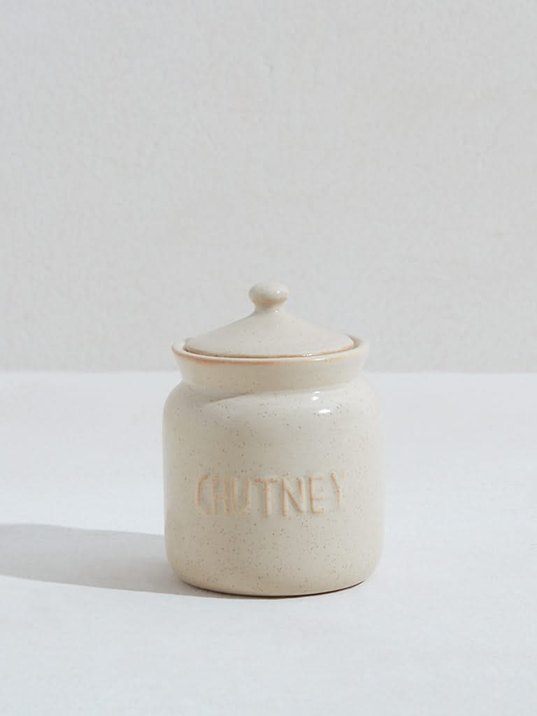 Westside Home Beige Text Embossed Chutney Storage Jar