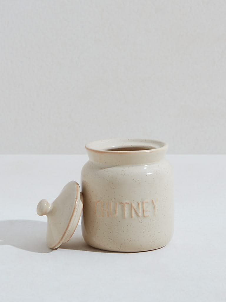 Westside Home Beige Text Embossed Chutney Storage Jar