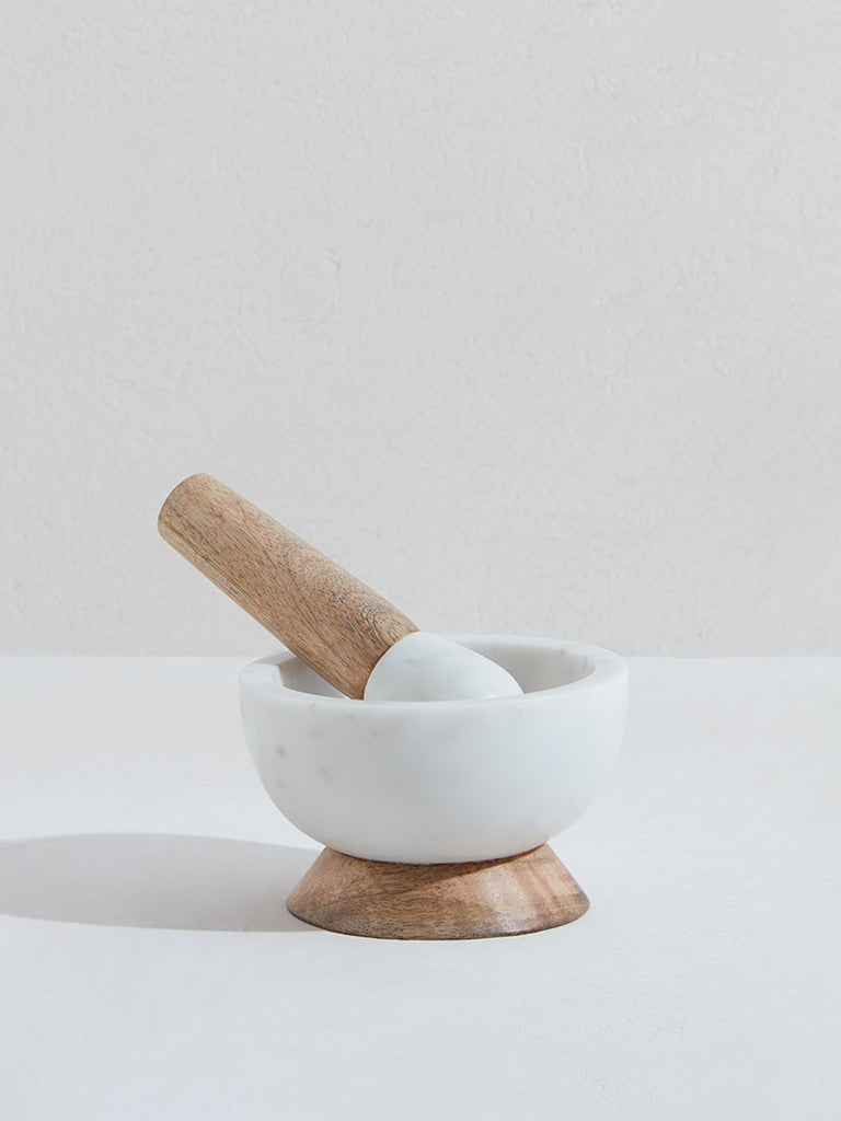 Westside Home White Marble and Wood Mortar Pestle Set