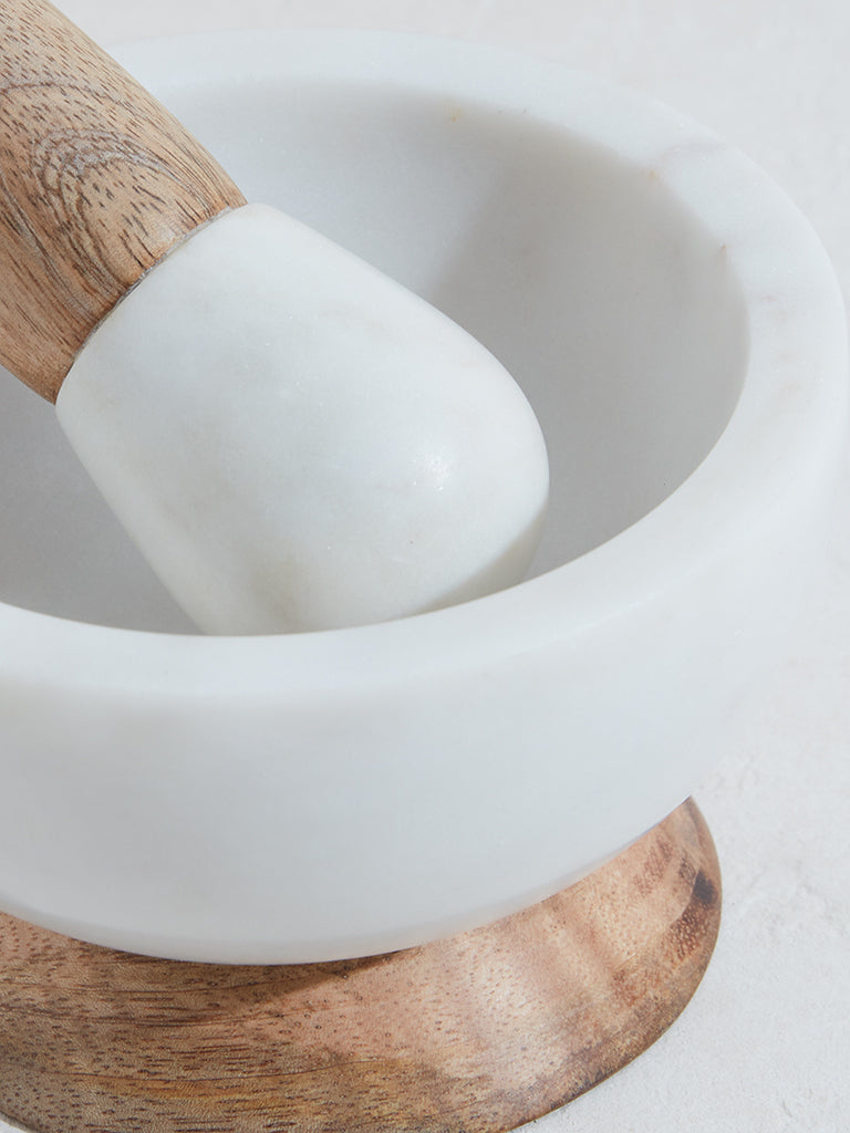 Westside Home White Marble and Wood Mortar Pestle Set