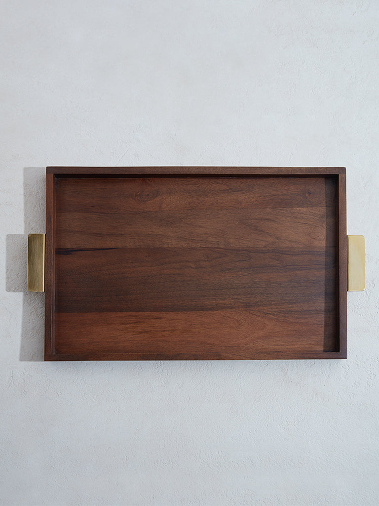 Westside Home Dark Brown Wooden Tray with Gold Handle