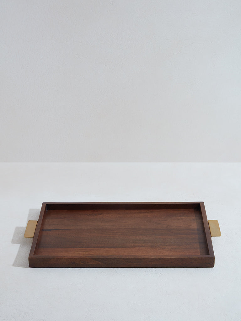 Westside Home Dark Brown Wooden Tray with Gold Handle