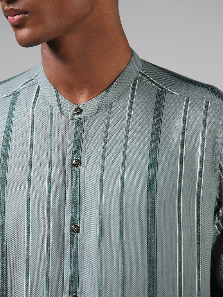 ETA Light Teal Self Striped Cotton Resort-Fit Shirt