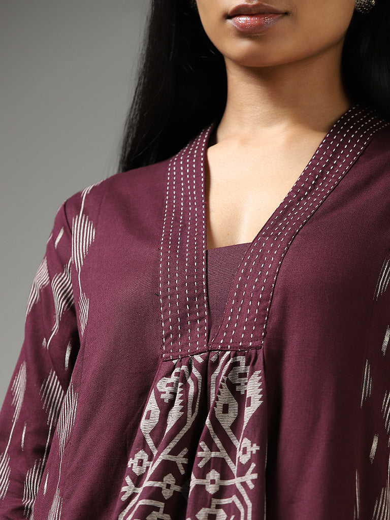 Utsa Wine Ikat Printed Gathered Kurta