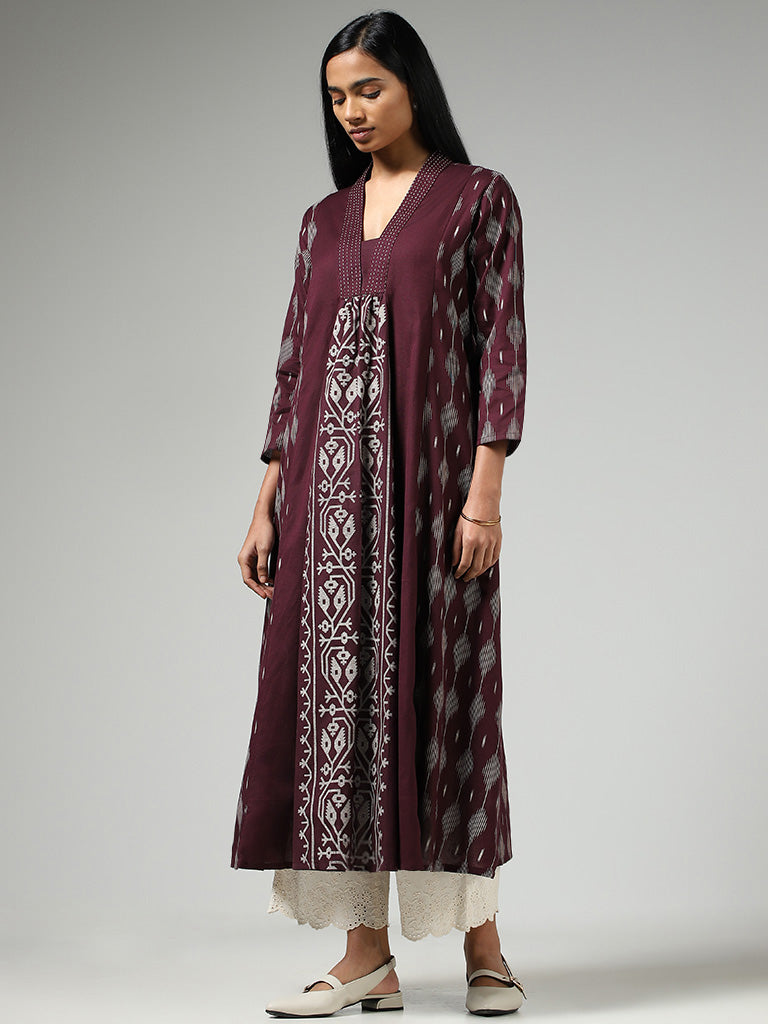 Utsa Wine Ikat Printed Gathered Kurta