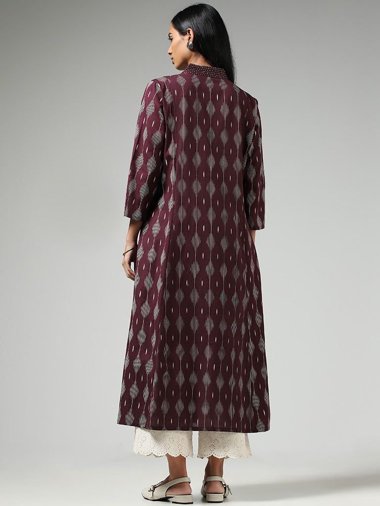 Utsa Wine Ikat Printed Gathered Kurta