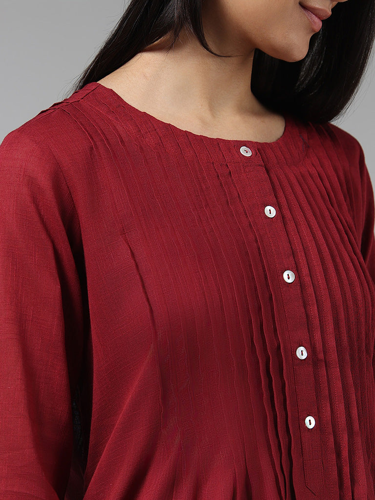 Utsa Maroon Pintucked Gathered Kurta