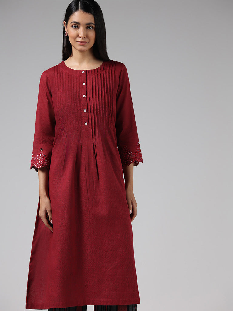 Utsa Maroon Pintucked Gathered Kurta